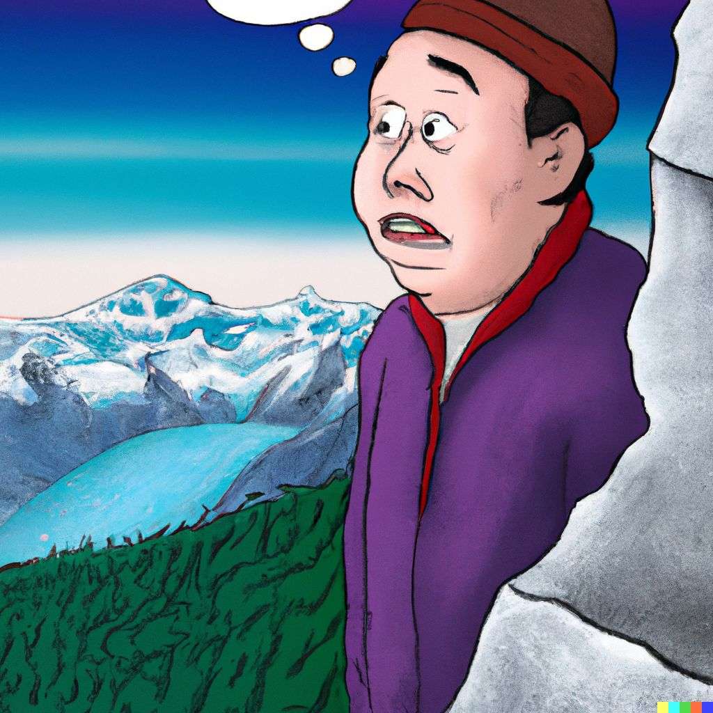 someone gazing at Mount Everest, digital art, caricature